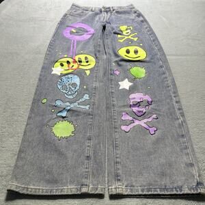 Y2K 2000s Beyond Baggy Jean Small 28x30 Hamilton Wide Leg Baggie Skull Bones AOP